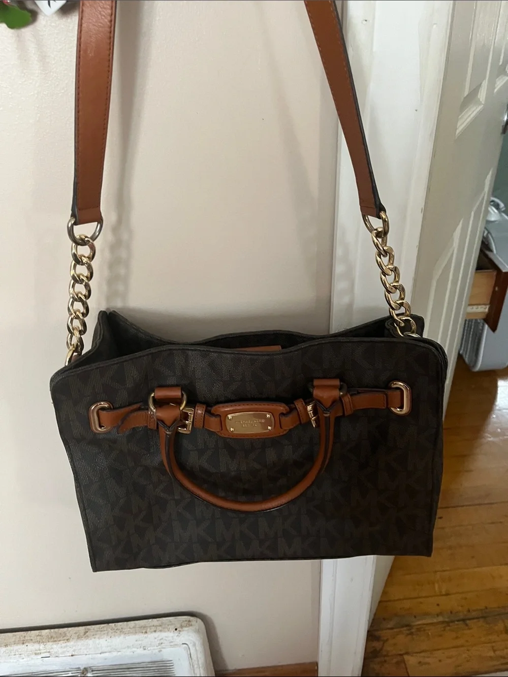 Michael Kors Dark Brown Leather Tote with Tan Handles and Gold Hardware